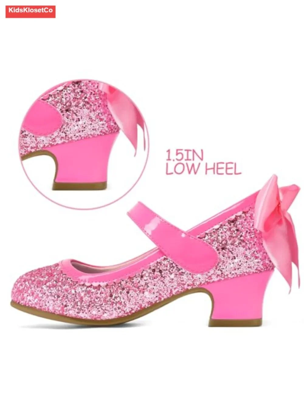 Girls Glitter Mary Jane Heels - Princess Pumps with Low Heel and Hook & Loop